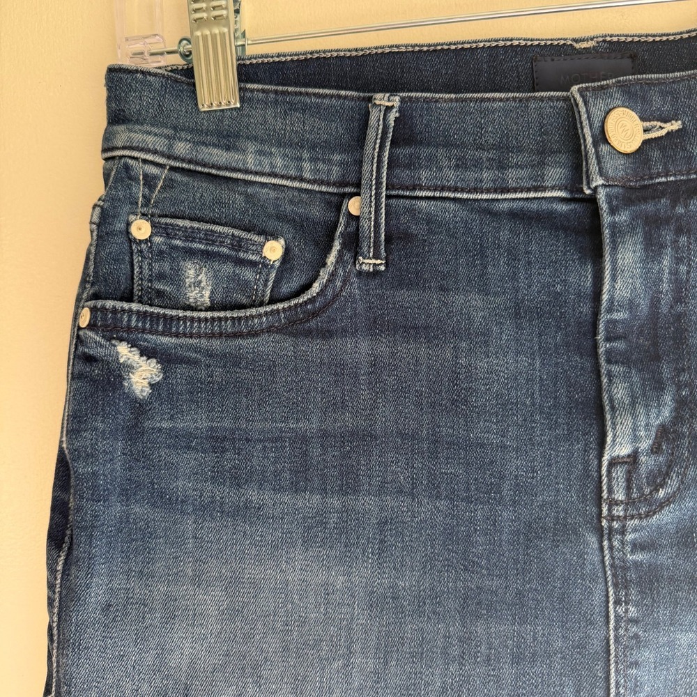 MOTHER Denim Mini Skirt Size 27 Blue Distressed Frayed Hem - Picture 2 of 8